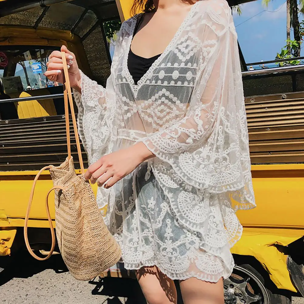 

Летнее женское бикини, прозрачное кружевное тонкое ажурное пляжное платье с цветочной вышивкой для отпуска, женское бикини
