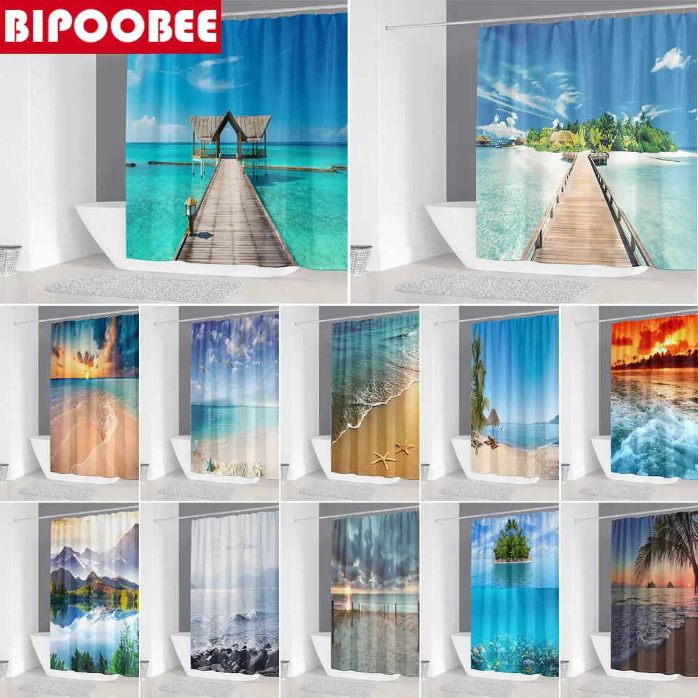 

High Quality Sea Bridge 3D Printed Shower Curtain Sea Ocean Beach Bathroom Curtains Waterproof Polyester Fabric Home Decor