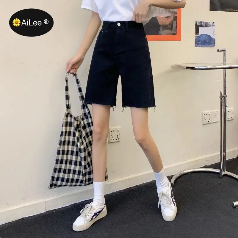 Bermuda Jean Shorts Women Summer Denim Short Tassel Solid Casual High Waist Shorts Streetwear Plus Size Students Half Long Jeans