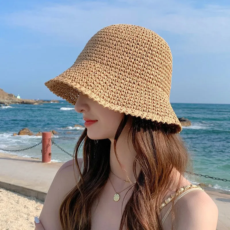 

Summer Hollow Out Breathable Beach Hat Solid Color Braid Bucket Hat For Women Knit Dome Fisherman Caps Lady Sunshade Panama Cap