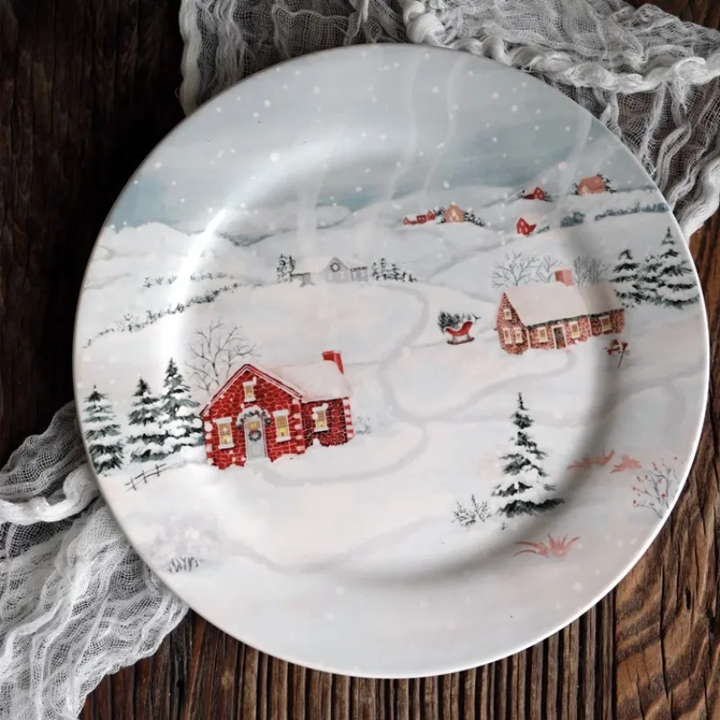 

American Snow View Country Christmas Plate Exquisite Christmas Fruit Dim Sum Cuisine Plate Party Decorative Plate Free Shipping