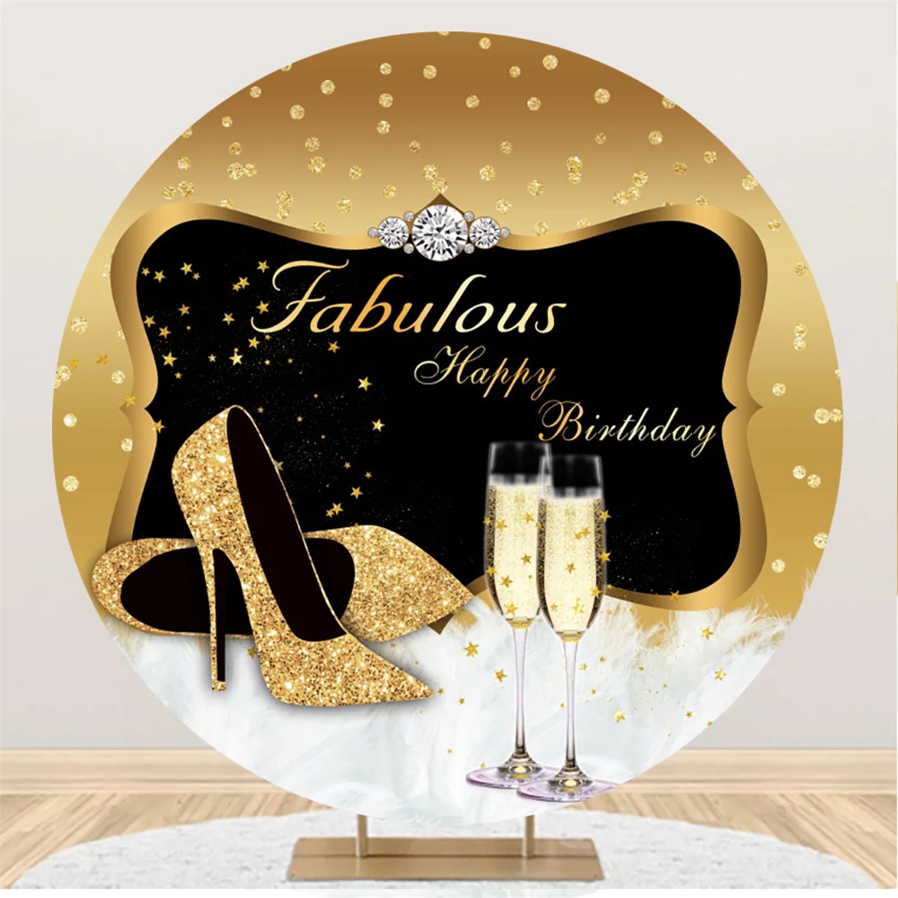 

Fabulous Golden High Heels Champagne Circle Background Ladies Birthday Party Elegant Round Backdrop Photo Cake Table Poster