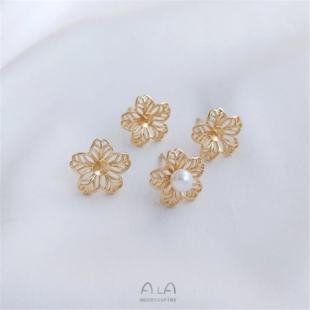 

14K gold plated pearl Stud, DIY half hole stud, 925 silver needle, flower shaped earring, handmade earring