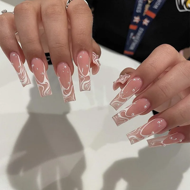

245Pcs Artificial Nails Set with Glue Long Coffin False Nails Wearable French Wave Line Design Ballet Fake Nails Press on Nails