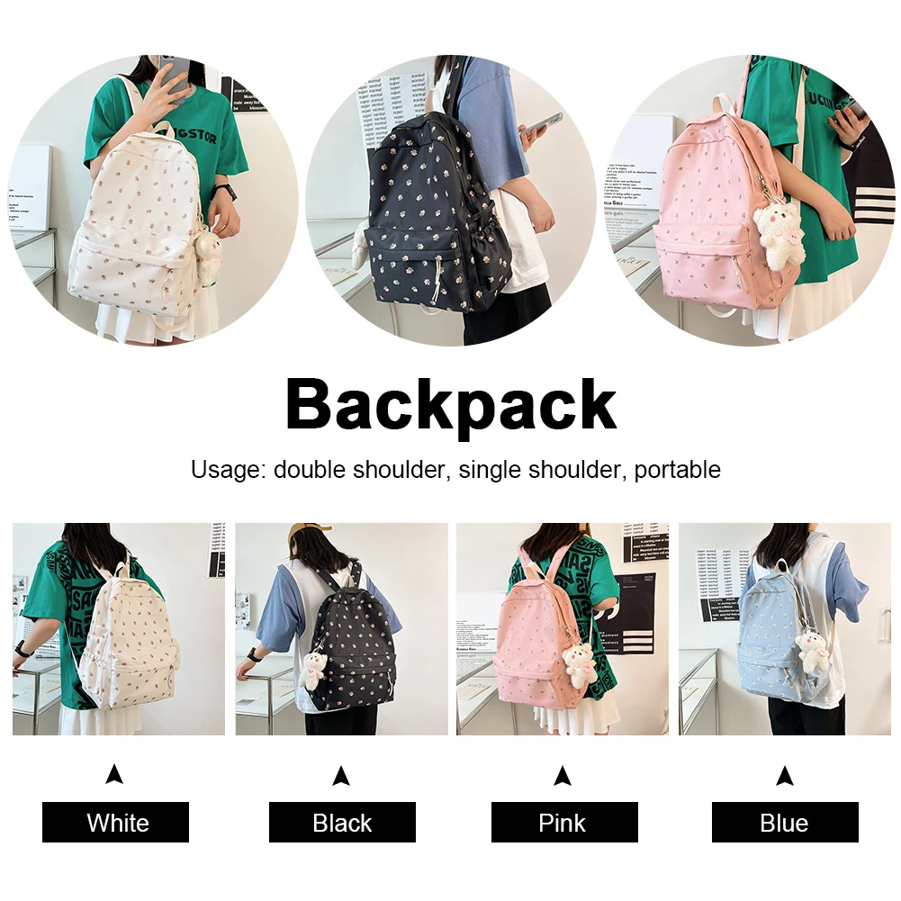 

Casual Fashion Floral Print Backpack Large Capacity Nylon School Bags Cute Pendant College Schoolbag for Travel Holiday