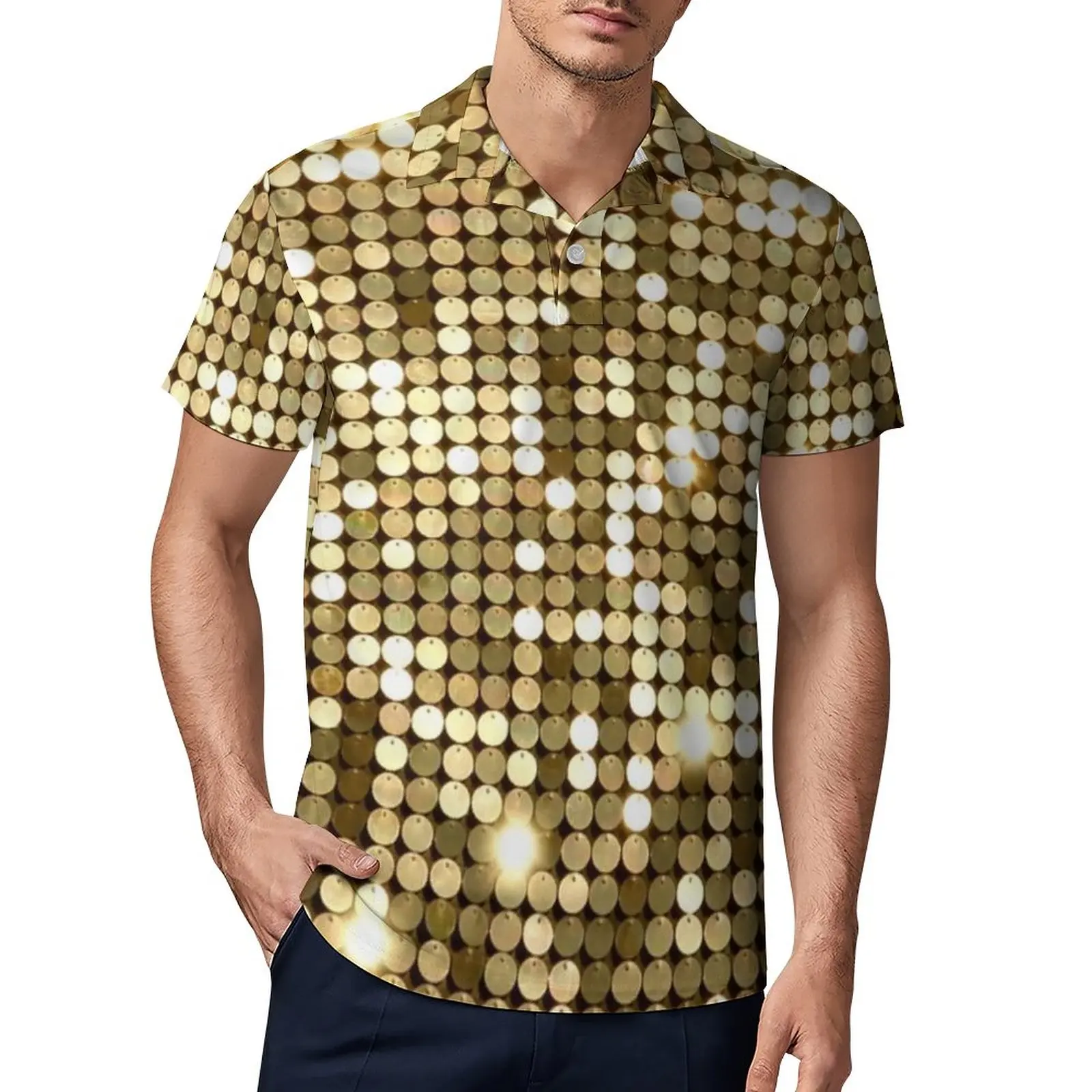 

Рубашки-поло с золотым металлическим принтом, мужская повседневная рубашка в горошек, летняя уличная одежда, футболки с отложным воротнико...