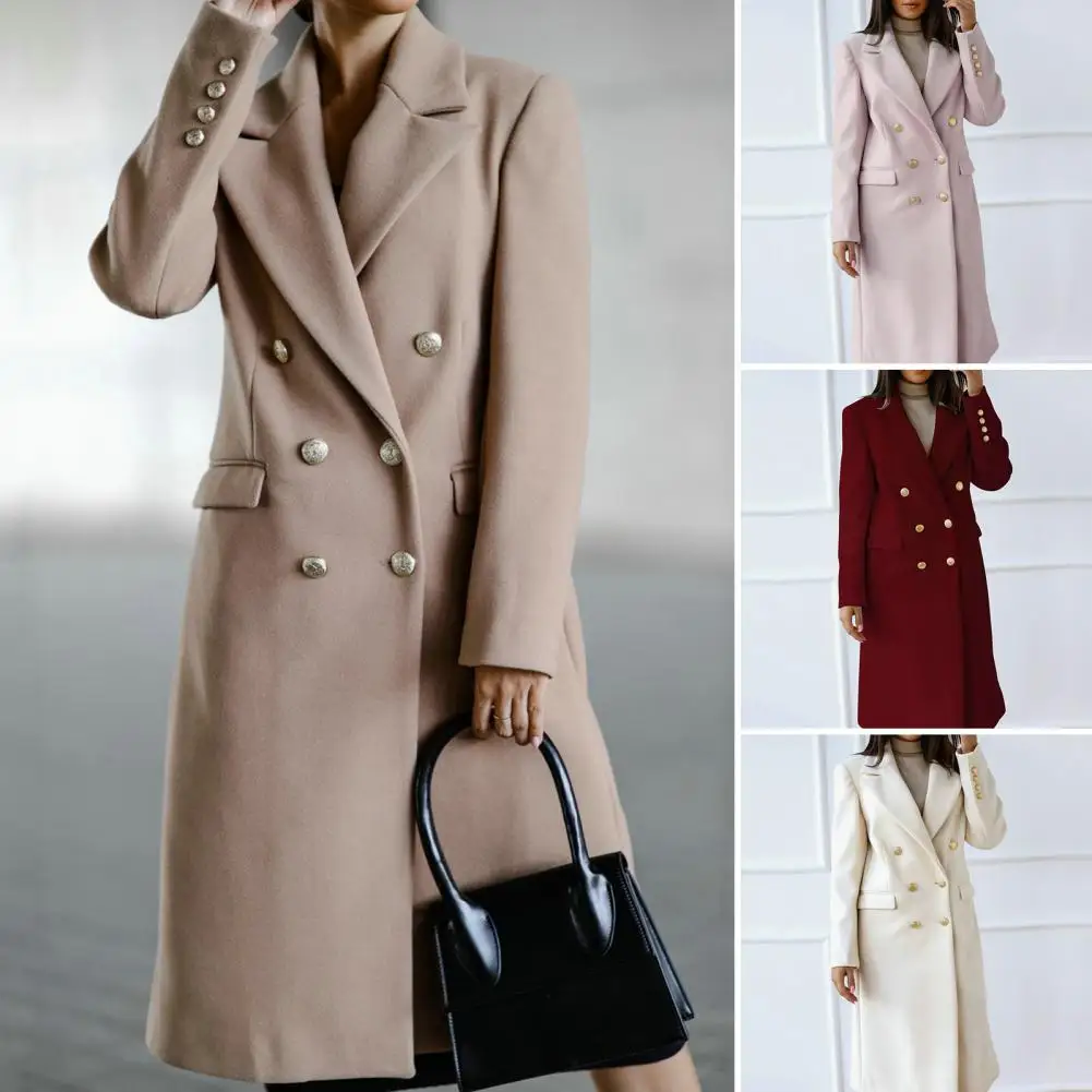 

Women Winter Coat Double-breasted Placket Long Sleeves Lapel Solid Color Buttons Keep Warm Midi Length Woolen Overcoat for Work