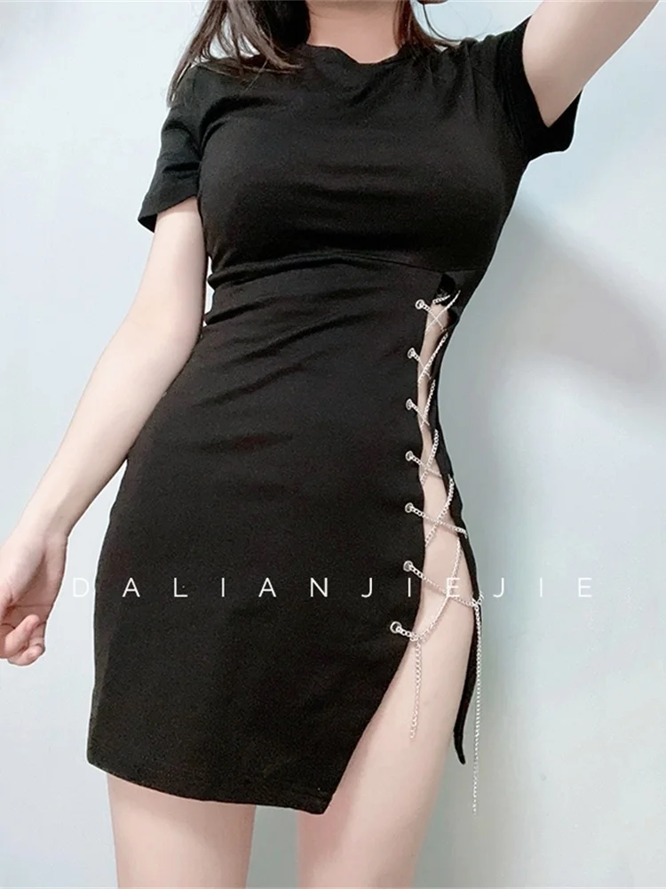 

Fashion Korean Tops 2022 Bandage Sequin Sexy Chain Rivets Lace Up Short Sleeve Tshirt Dress Slim Spring Summer Y655