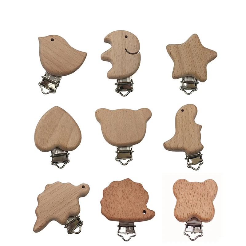 10Pcs Beech Wood Pacifier Clip Animal Small Elephant Heart Pattern Pacifier Clips for Baby DIY Pacifier Chain Accessories Toy