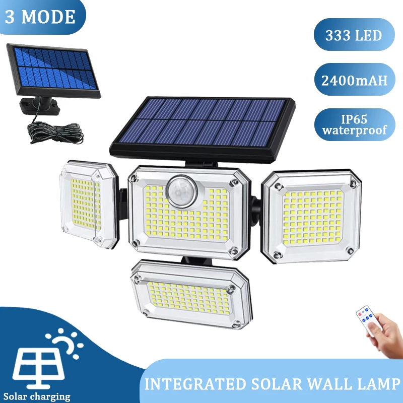 

198/333 LED Solar Lights Outdoor Wall Lamp with Adjustable Heads Security LED Flood Light IP65 Waterproof with 3 Working Modes