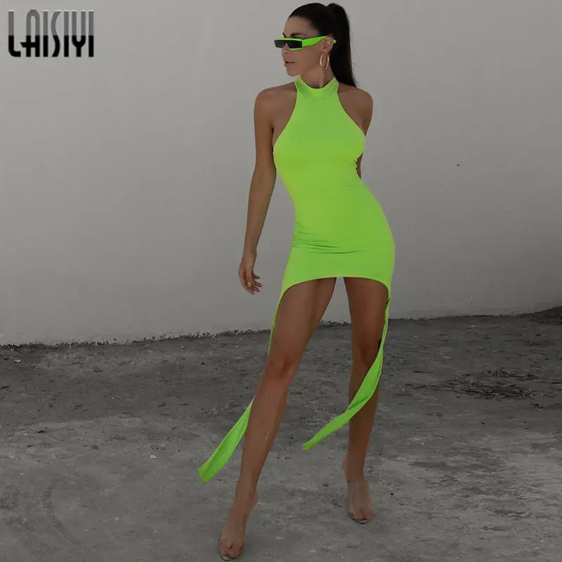 

Green Dress Woman Fashion Sleeveless Mini Dress Y2k Streetwear Summer New O Neck Slim Irregular Bodycon Dresses 2000s Aesthetic