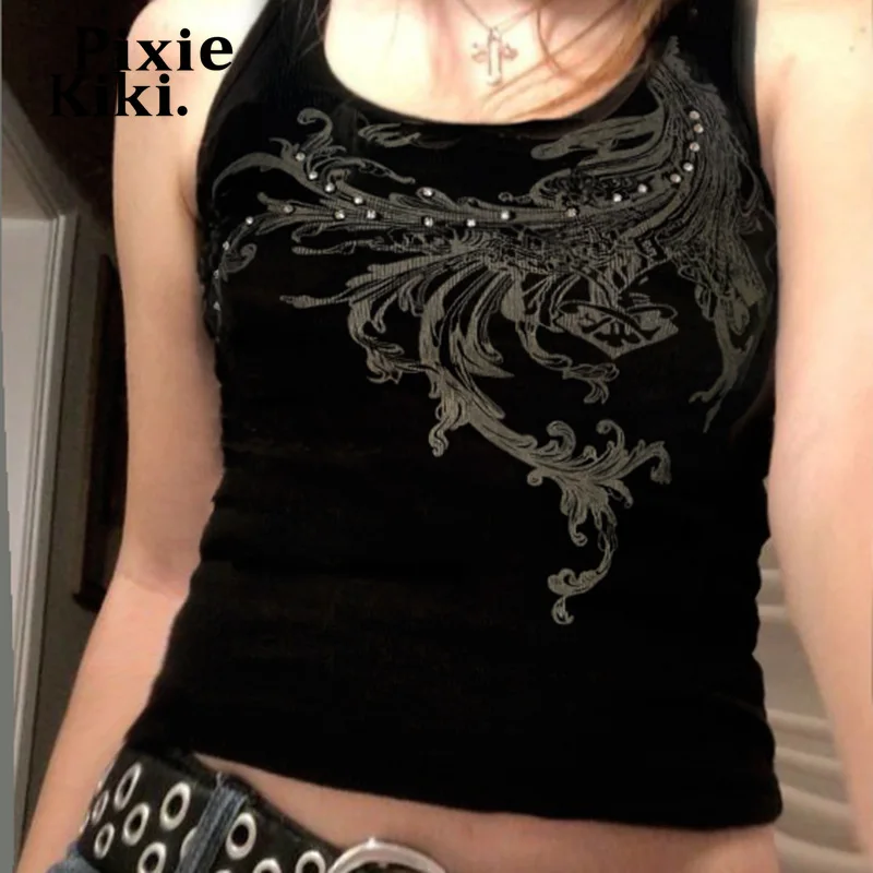 

PixieKiki волшебный гранж черные короткие топы уличная одежда Y2k эмо Стразы одежда женская графическая майка без рукавов