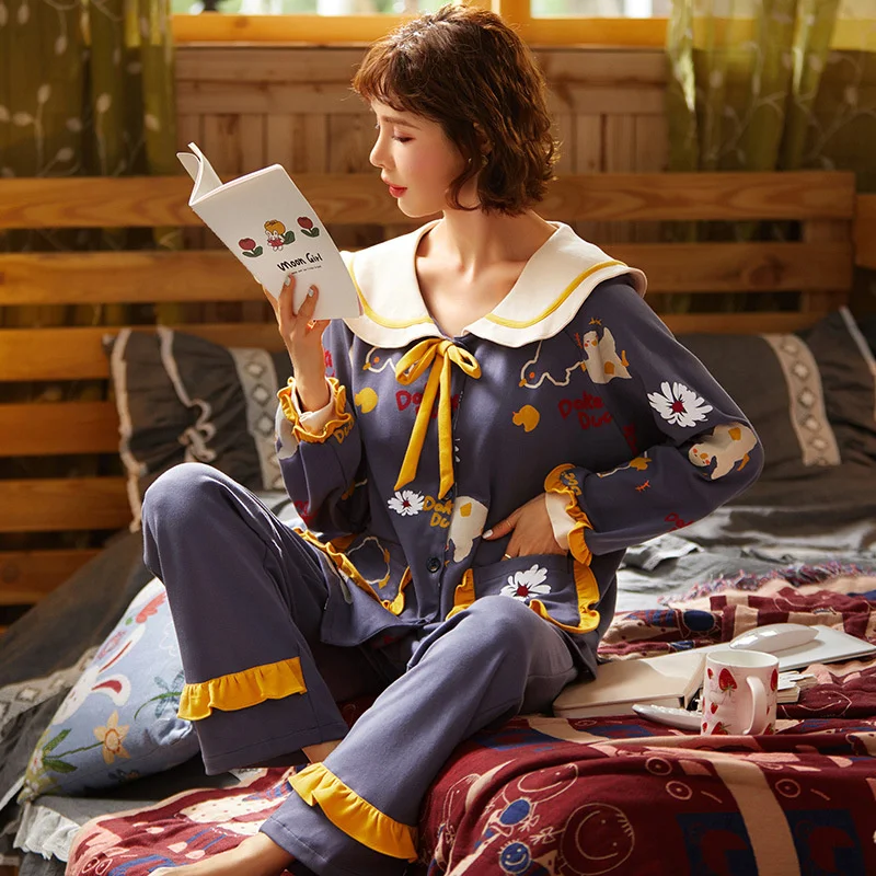 pajama women's autumn new knitted cotton long sleeve lovely princess style lapel cardigan suit can be worn outside home clothes