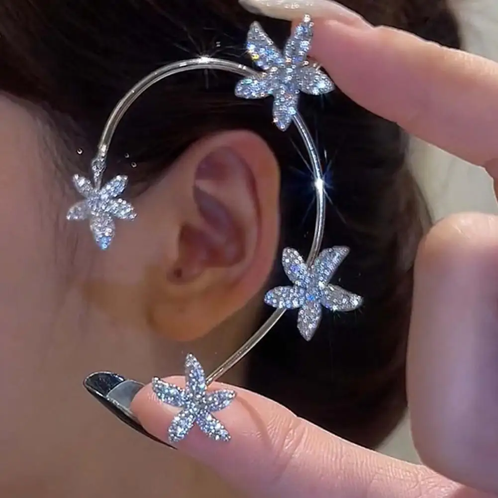 

1Pc Ear Hanging Earrings Female Clip Earring Flower Rhinestone Jewelry Electroplated Sparkling Ear Cuff for Party