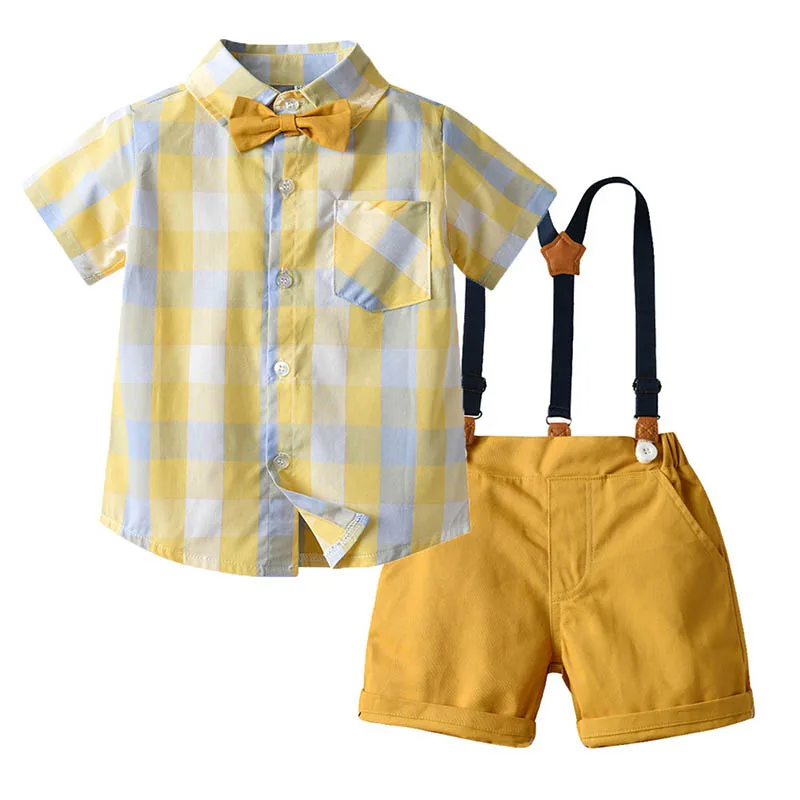 

Kids Wedding Clothing Sets Summer Baby Boys Gentleman Clothing Sets Lattice Short Sleeve Shirt Tops+Bow+Suspender Shorts