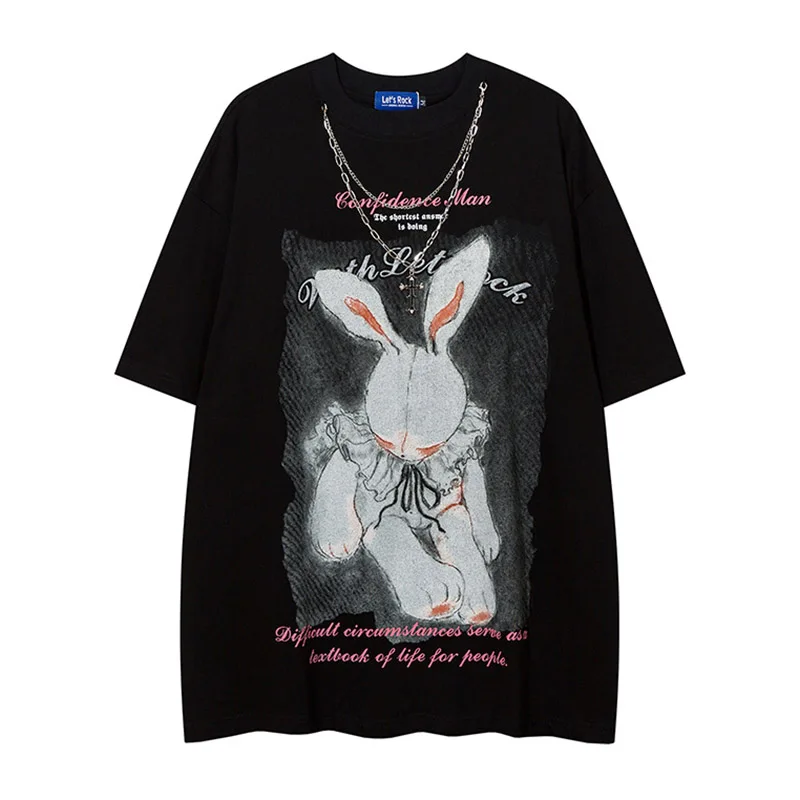 

Мужская футболка с мультяшным принтом, черная Повседневная Уличная футболка в стиле хип-хоп, свободная футболка с цепочками, 2023