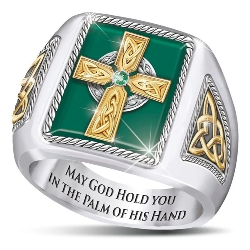 

New fashion men's ring Irish Celtic blessing ring cross emerald ring men's fashion anniversary jewelry gift