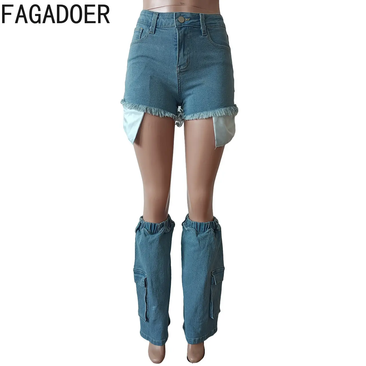 FAGADOER Fashion Y2K Denim Shorts Legging Socks Two Piece Sets Women High Waisted Button Shorts Casual Female Patchwork Bottoms