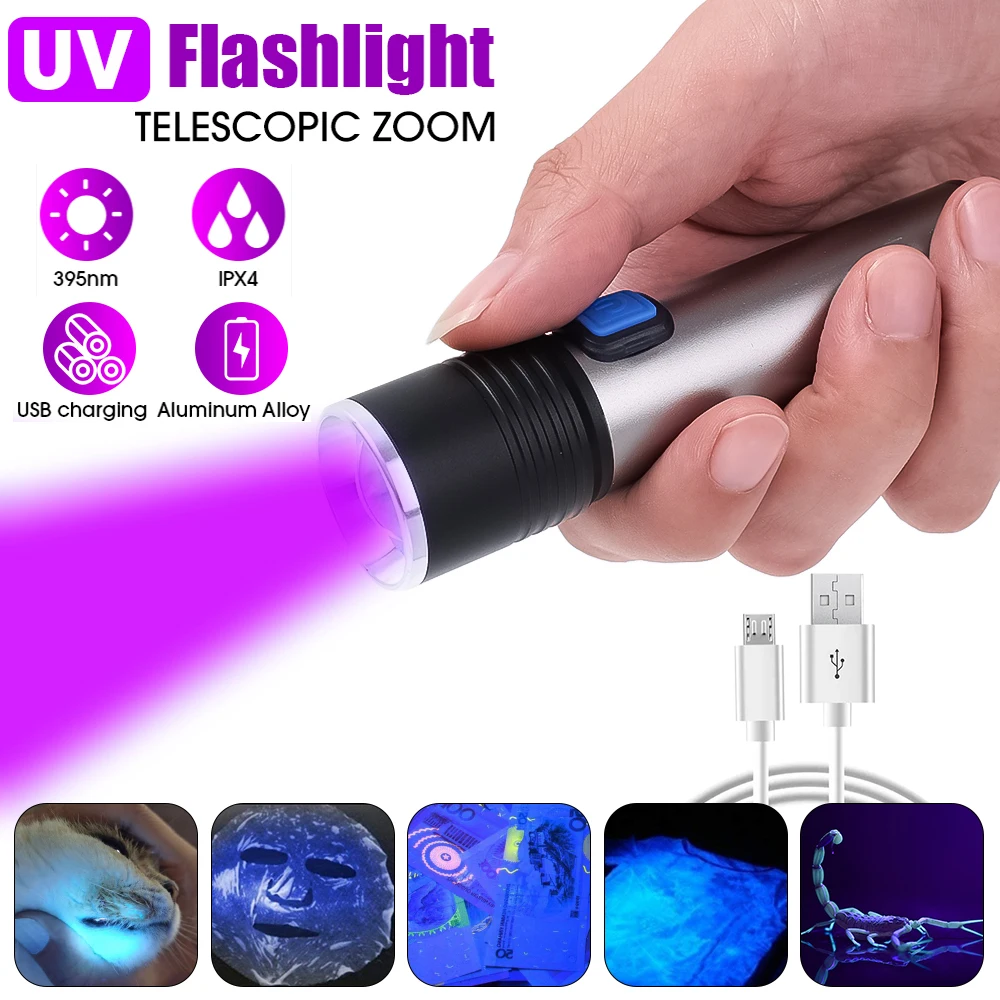 

LED Flashlight Ultraviolet Torch USB Rechargeable Mini 395nm UV Black Light for Scorpion Pet Urine Stains Detector Flashlight