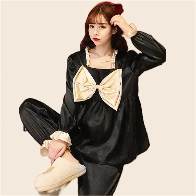 Cute Pajamas Set Full Sleeve T-shirt Long Pants 2Piece/Set Summer Sexy Bow Pyjama Big Size Homewear Cozy Plus Sweet Sleepwear