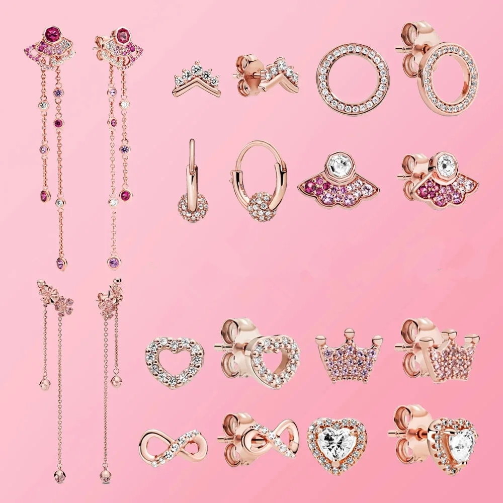 

Original 925 Rose Gold Crown Earrings Bow Heart Stud Earrings Charm Pandor Ladies Jewelry Wedding Gift Fashion 2022