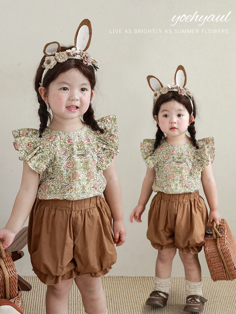 

Жилет с рукавами-фонариками для девочек, Новинка лета 2023, Детская футболка с цветочным принтом, Модные свободные шорты-фонарики для малышей