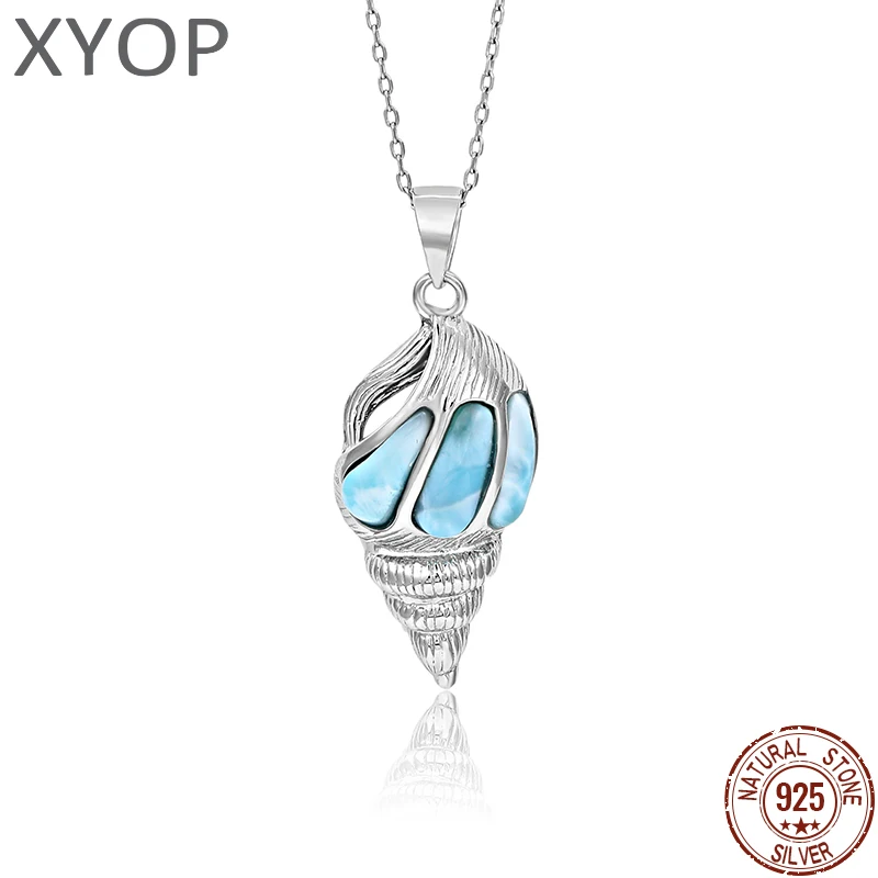 Фото XYOP 925 Серебряный подарок Натуральный Синий Ларимар спиральная подвеска 40 + 5 см крест ожерелье, универсальное изящное поглощение Высокая стоимость №1