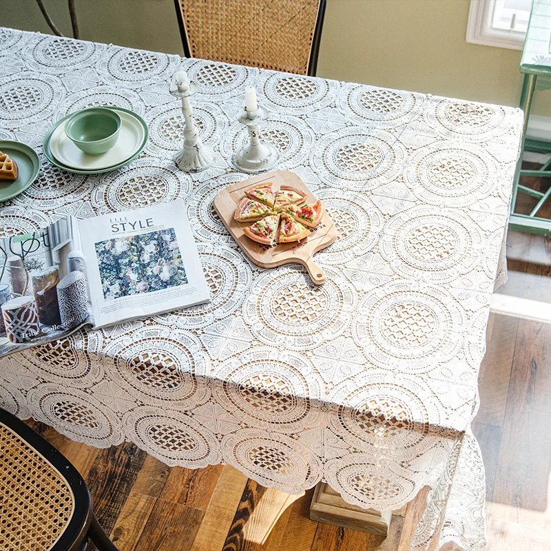 

French Romantic Vintage Geometric Embroidery Tablecloth Light Luxury White Lace Table Overlays For Table Outdoor Party Cover