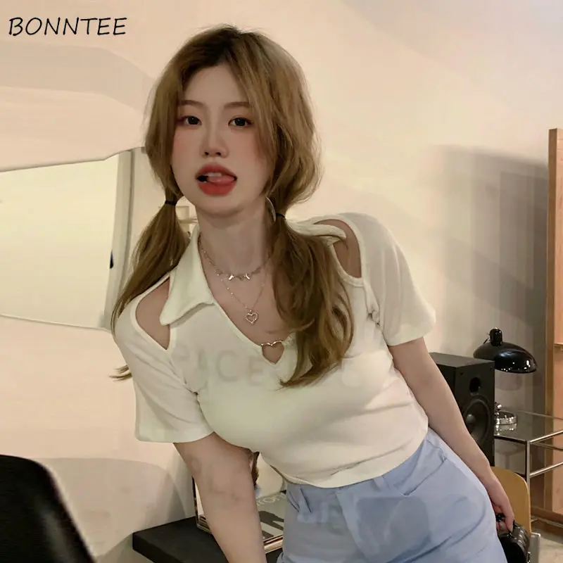 

Футболки женские винтажные с вырезами, пикантные облегающие модные милые популярные с коротким рукавом для девушек, в Корейском стиле, повс...