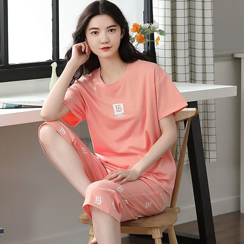 Summer new women's cotton pajamas set short-sleeved shorts thin loungewear loose plus size two-piece plus size