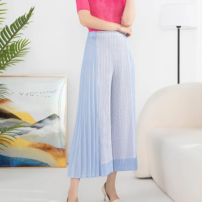 

Брюки Miyake женские с широкими штанинами, повседневные Модные плиссированные шифоновые контрастные брюки с завышенной талией и драпировкой в стиле пэчворк, лето 2023