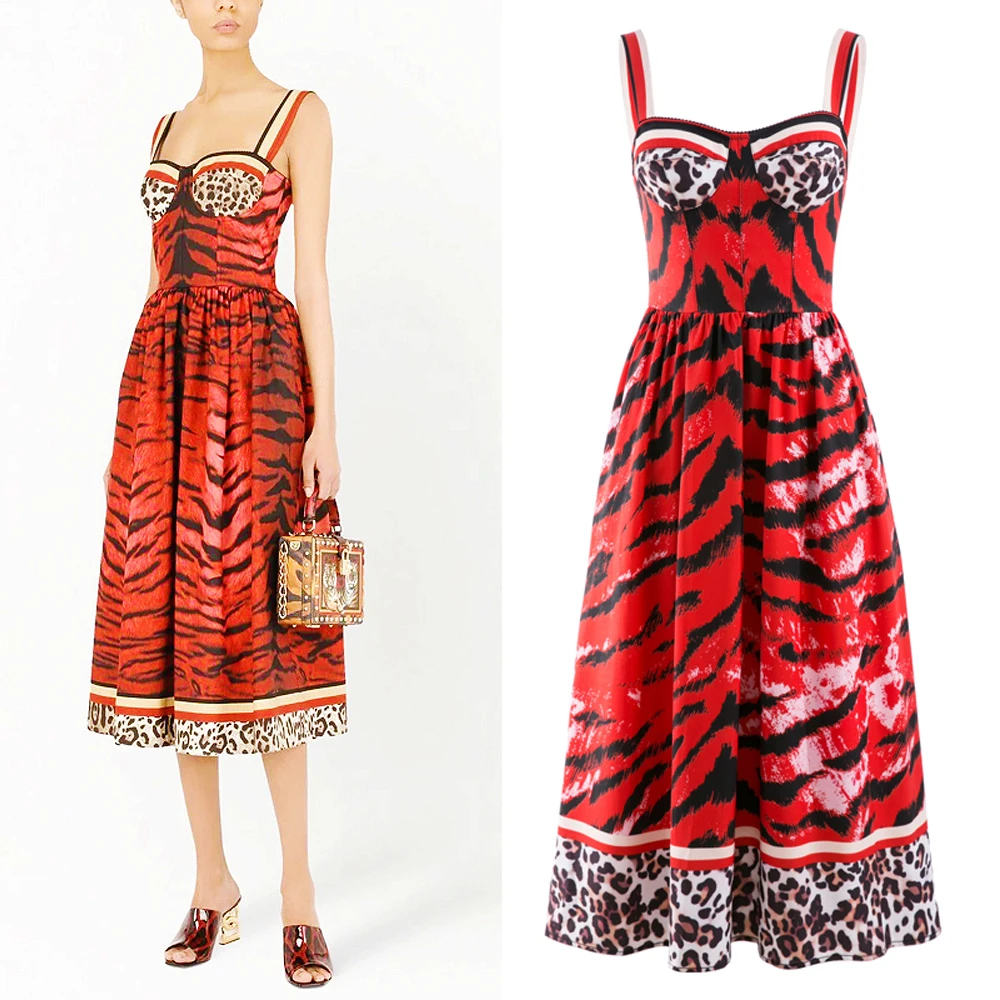 2023 New Vintage Leopard Pattern Strap Dress Medium Long Sexy Open Back Waist Waist Sleeveless Tank Top Dress dress for women