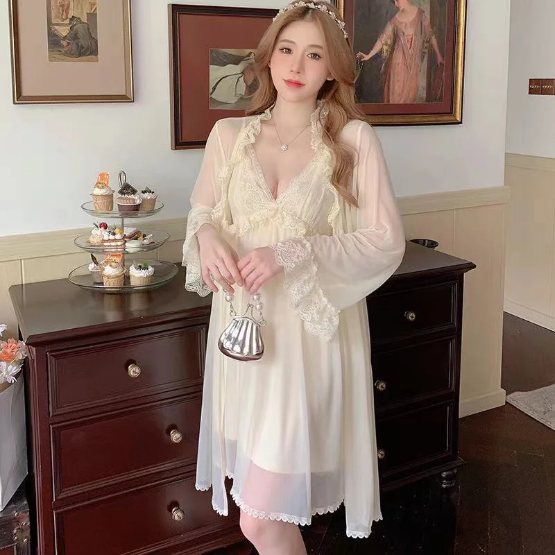 Pajamas Robe Apricot Mesh 2 Piece Set Women Spring Autumn Sleepwear Sexy Lingerie Lace V-Neck Strap Nightgown Retro Home Dress