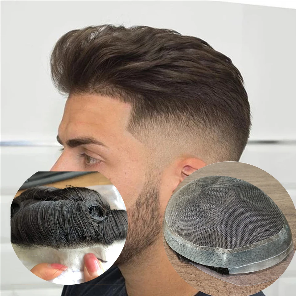 

Dark Brown Or Off Black Summer Toupee Men's Wigs 100% Human Hair Capillary Prosthesis Male Replacement System Hairpiece Lace Wig