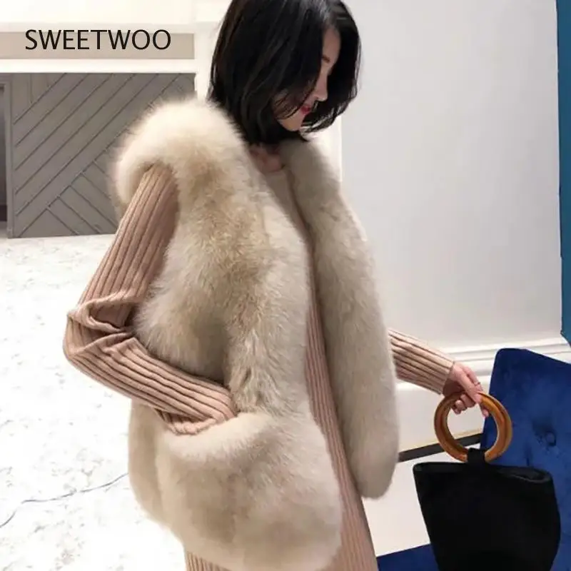 Autumn Winter Solid Imitation Fox Fur Vests Korean Sexy Sleeveless Pocket Cardigan Jackets New Slim 4 Colors Streetwear Clothing