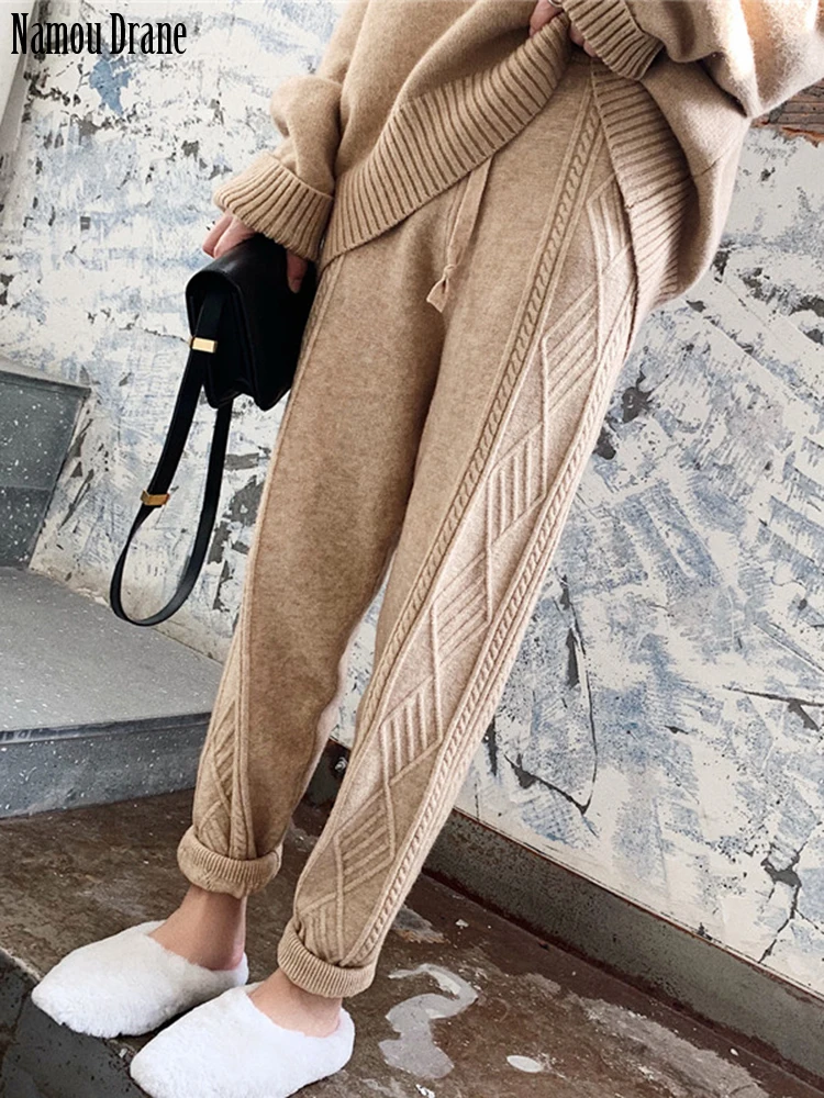 

Winter Thicken Women Harem Pants Casual Drawstring Twisted Knitted Pants Femme Chic Warm Female Sweater Trousers 2022