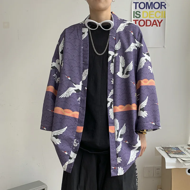 EOUW 2022 Fashion Xianhe Style Japanese Trendy Jacket Sunscreen Suit Kimono Cardigan Thin Half-Sleeved Robe Men's Shirt M-5XL