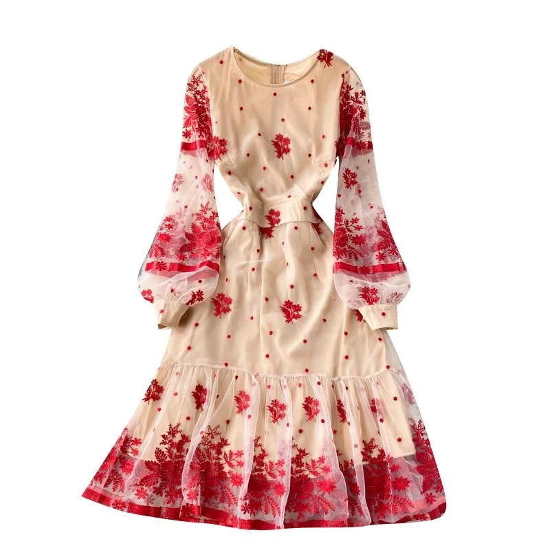 

Casual Dresses Spring Autumn Women O-Neck Long Sleeve Slim Dress High Quality Vintage Red Flowers Embroidery Mesh Runway