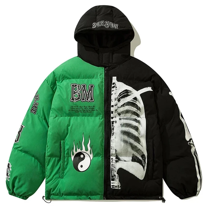 Mens Winter Parka Jacket Skeleton Print Streetwear Outwear Harajuku Padded Jacket Woman Hooded Loose Warm Color Matching Coat