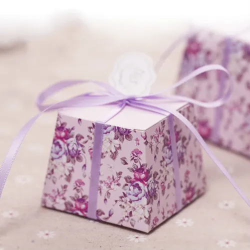 

100 Pcs Beautiful Purple Floral Flower Trapezoid Candy Boxes Wedding Favor Gift Box with Ribbons