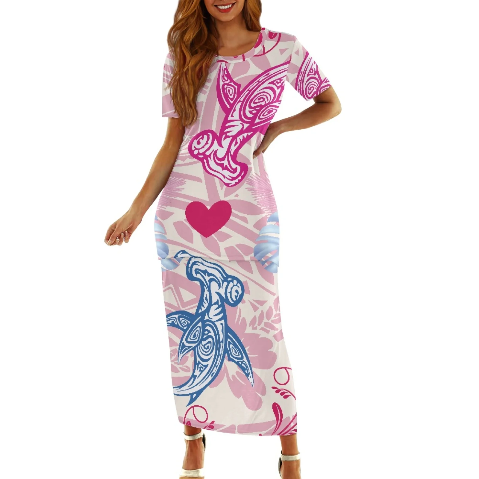 

Polynesian Tribal Pohnpei Totem Tattoo Prints Red Heart Pink Blue Shark Dresses Sand Party Short Sleeve Maxi Dress Two Piece Set
