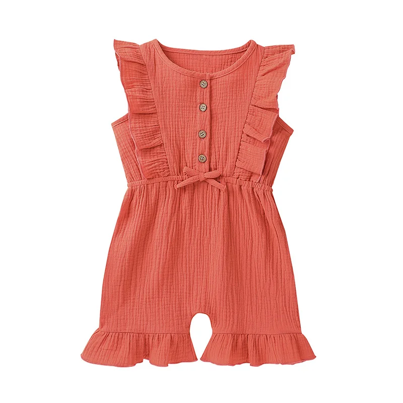 2-5T Girl Solid Button Up Ruffle Sleeveless 100%cotton Jumpsuit  Baby Girl Clothes  Baby Girl Clothes Summer