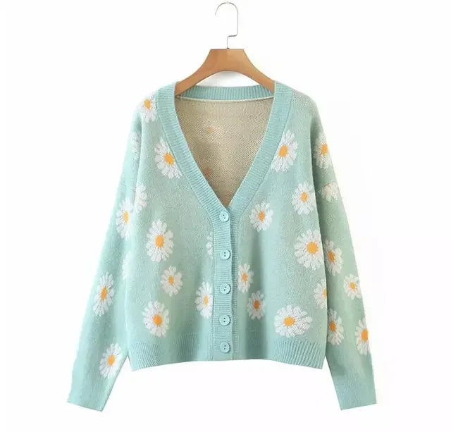 

Sweet Button Down Sweater Cardigan Women Loose Knit Coat Autumn Spring Casual Lady Long Sleeve V Neck Floral Outerwear Sweater