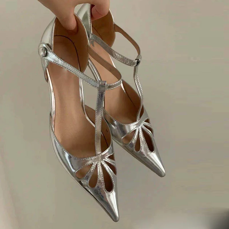 

Women Sandals Shallow Chunky Heel Dress Pointed Toe Silver Hollow Mary Jane Shoes Female Design Wedding Buckle Belt Pumps
