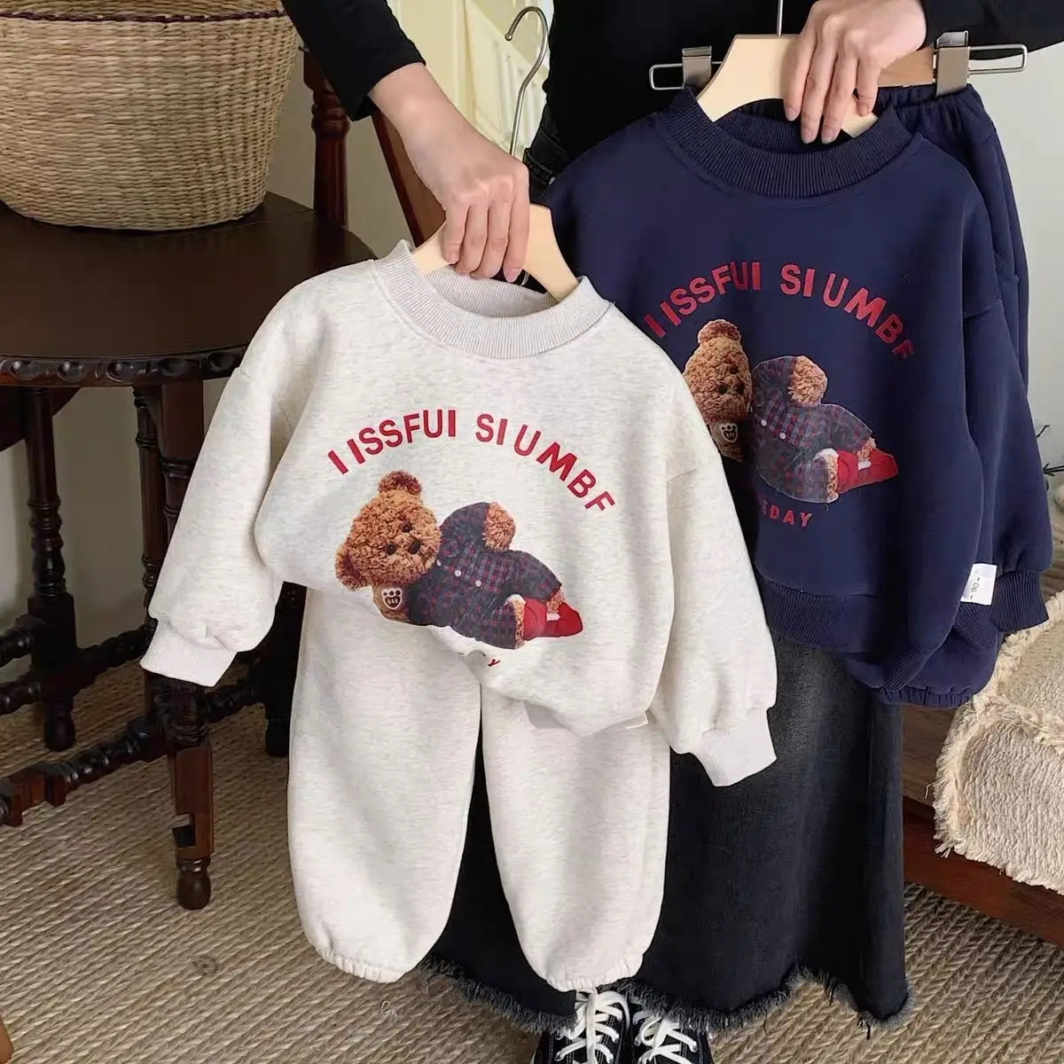 

Autumn Winter Plush Children's Sets Boys Girls' Thickened Sweater Pants 2pcs Set Cute Bear Boys Clothes Sets Girls Clothes Korea