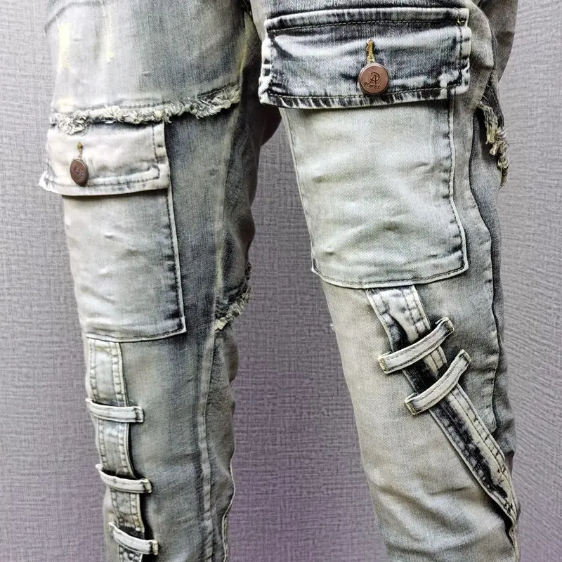 Spring and Autumn New Ripped Mens Jeans Patch Slim Feet Trend Retro Denim Pant for Men Fashion Mens Trousers