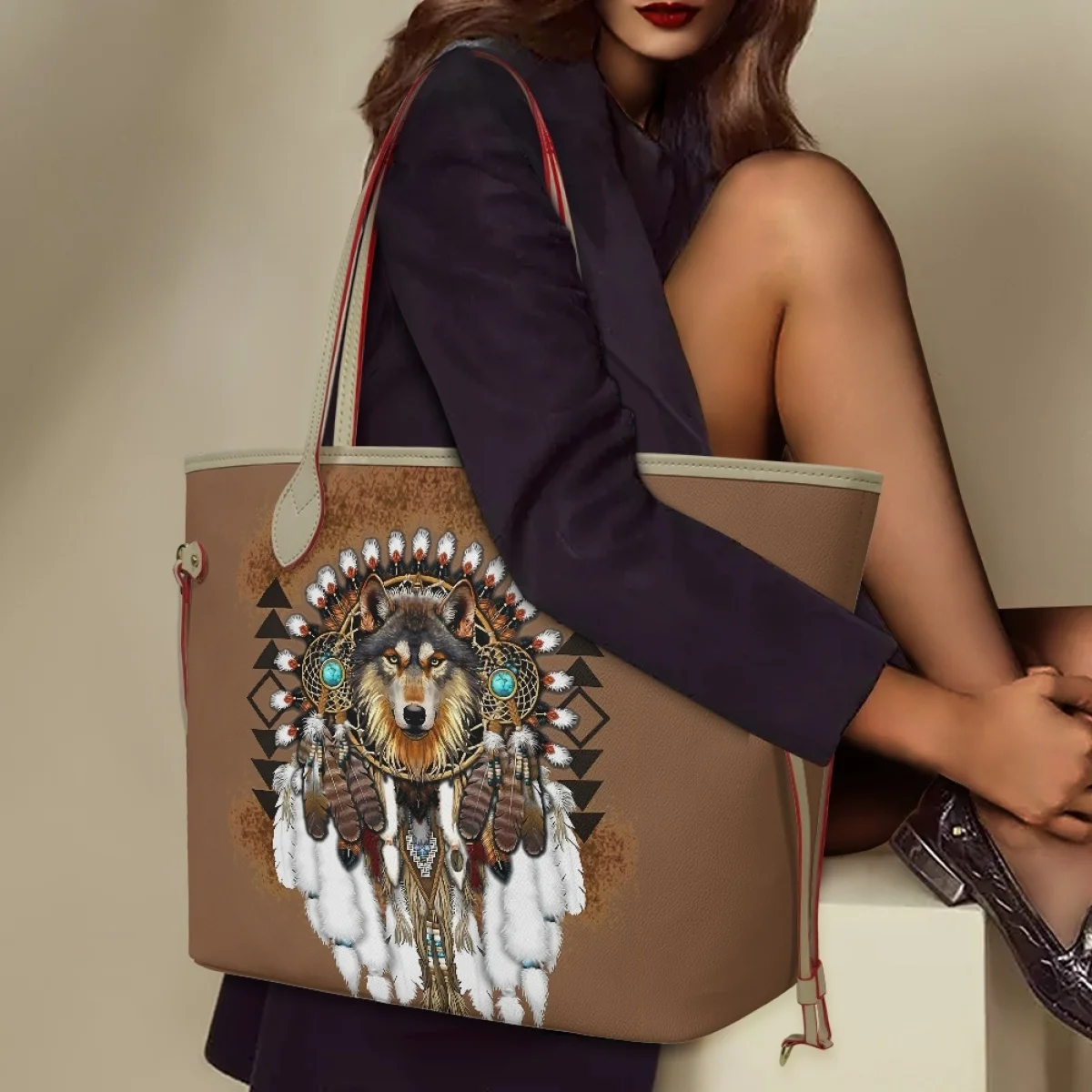 

Ethnic Tribe Style Handbags Wolf Dog Printed Large Capacity Shoulder Totes Brand Design Phone Cosmetic Waterproof Women Clutches