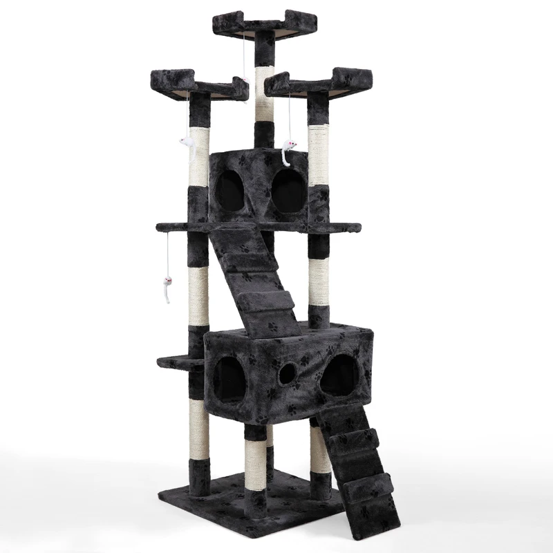 

67"Cat Tree & Condo Scratching Post Tower, With Play Tunnel and Dangling Interactive Toy, Gray