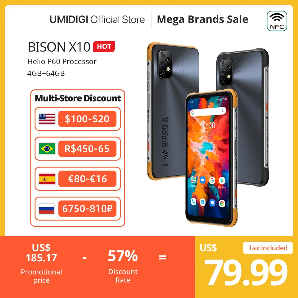 

UMIDIGI BISON X10 IP68 Rugged Android Smartphone NFC 4GB 64GB Helio P60 Octa Core 6.53" HD+ 20MP Triple Camera 6150mAh Cellular