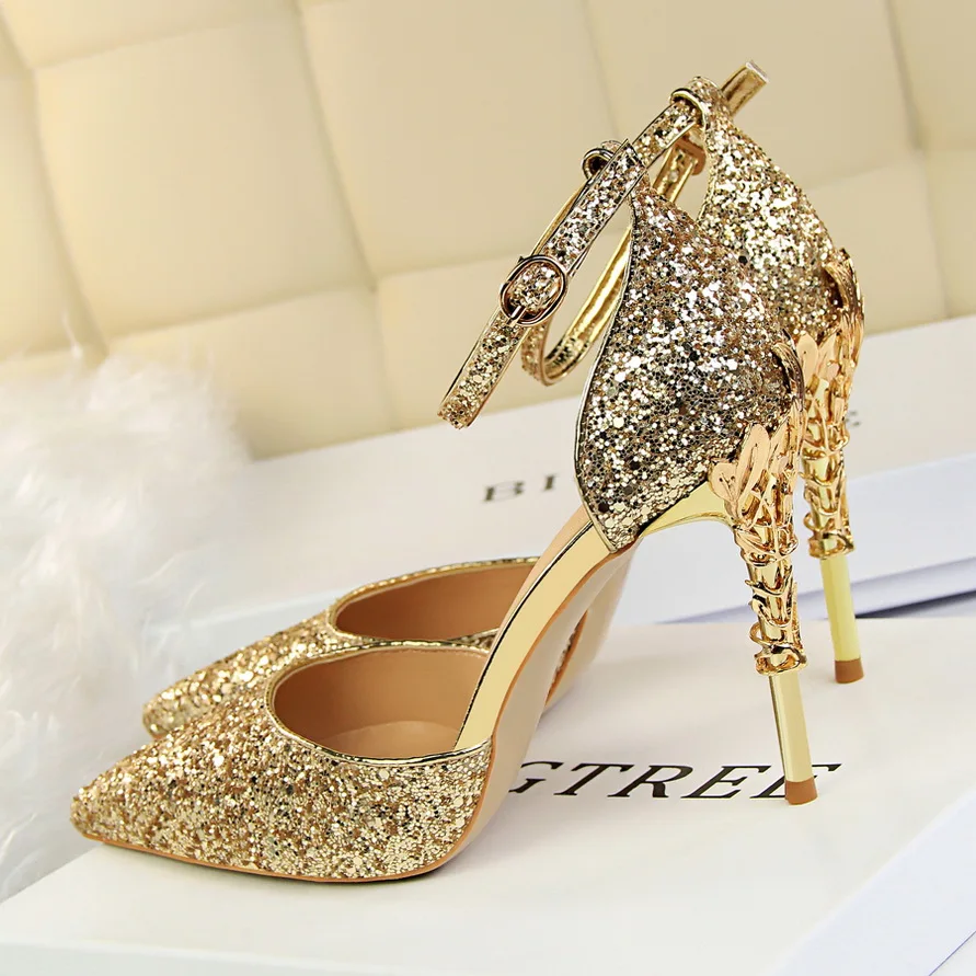 

Women Low Heels Sandals 7.5cm 9.5cm High Heels Sandles Wedding Bridal Party Event Heels Ankle Strap Stiletto Glitter Gold Shoes